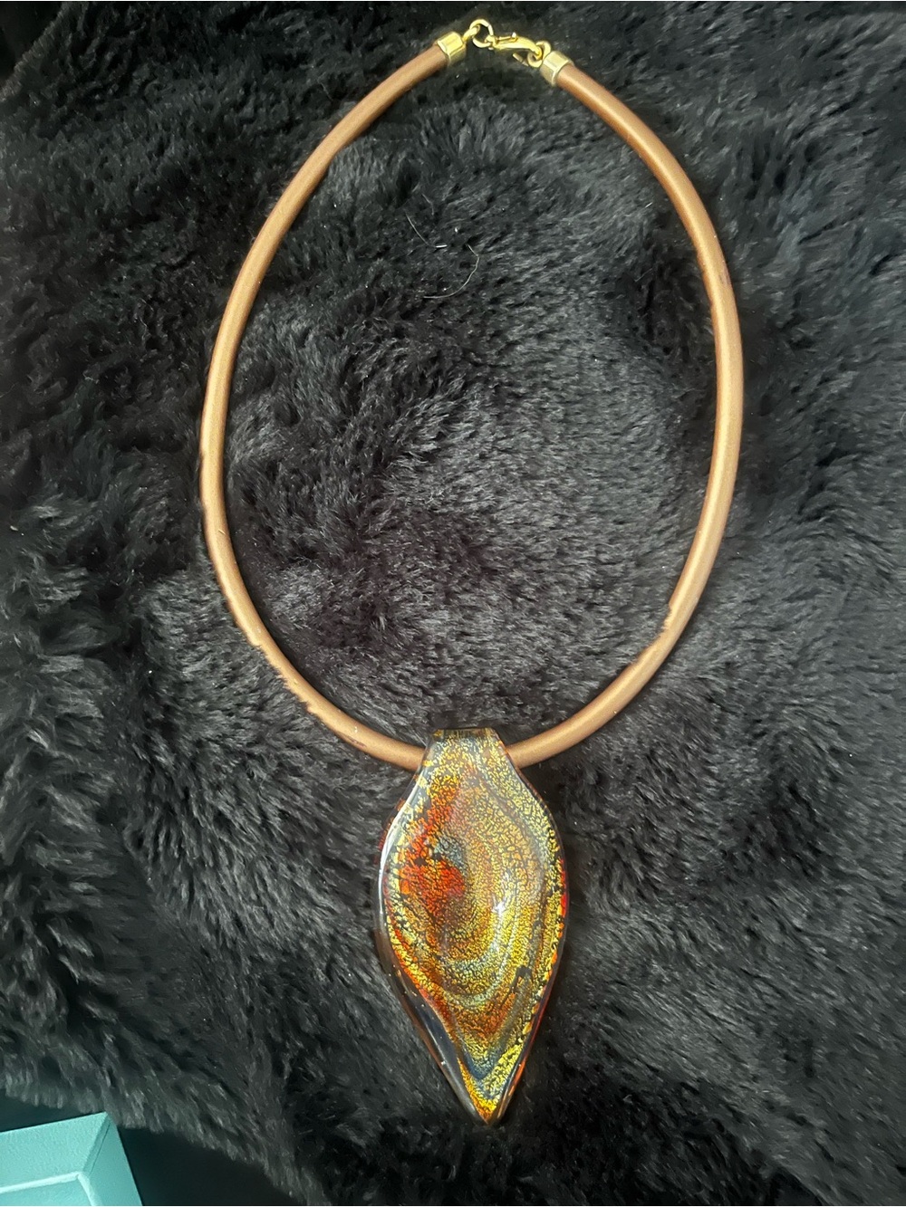Handmade Iridescent Amber Glass Pendant Necklace - Brown Cord